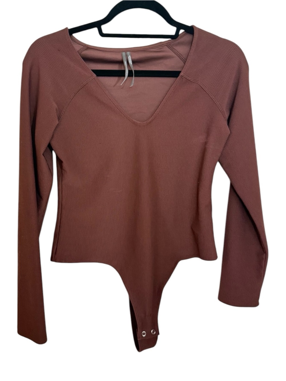 Anthropologie Ribbed V-Neck Long-Sleeve Bodysuit — brown